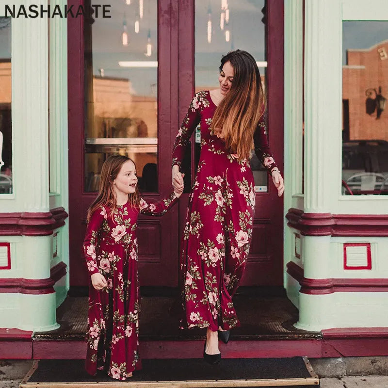 Mom and daughter  Wine Floral Dress