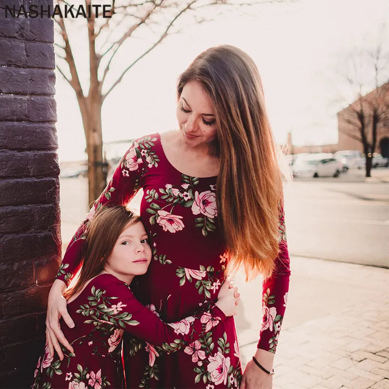 Mom and daughter  Wine Floral Dress