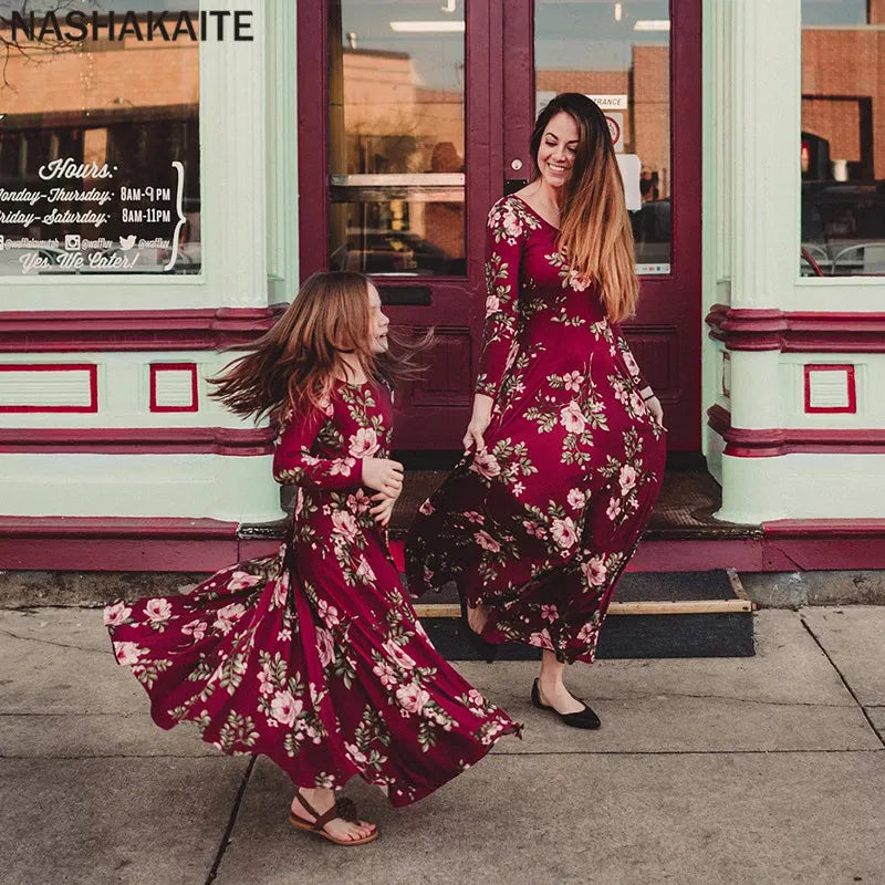 Mom and daughter  Wine Floral Dress